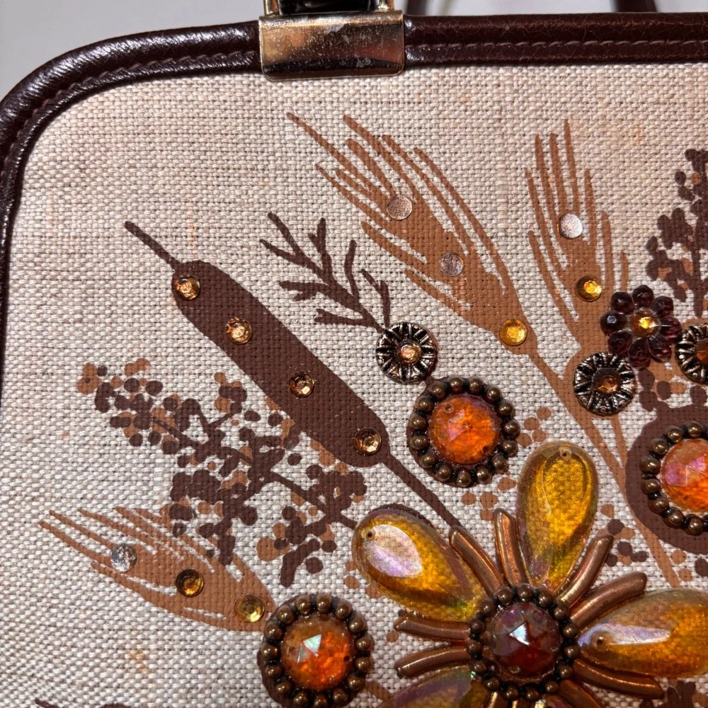 Enid Collins Handbag Marshland Treasure Medium Canvas Jeweled Brown Vintage 60s
